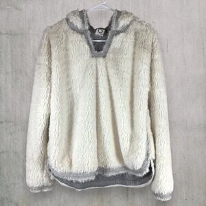 Anthropologie Akemi + Kin Faux Fur Sherpa Hoodie Pullover Ivory Gray Sz S Cozy